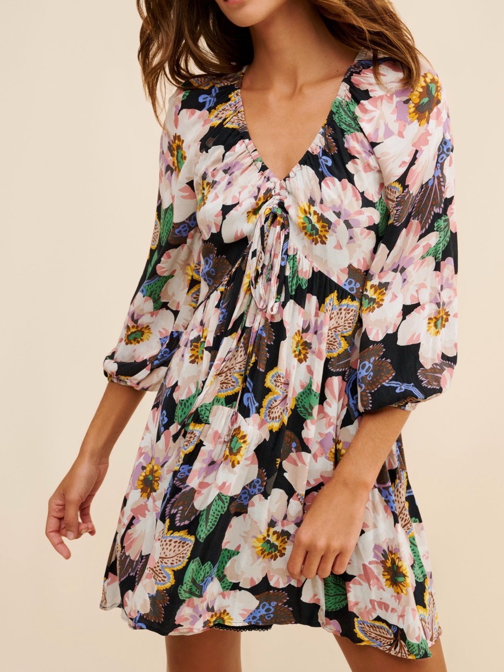 Anthropologie Tiered V-Neck Tunic Dress Black Floral small lined boho feminine